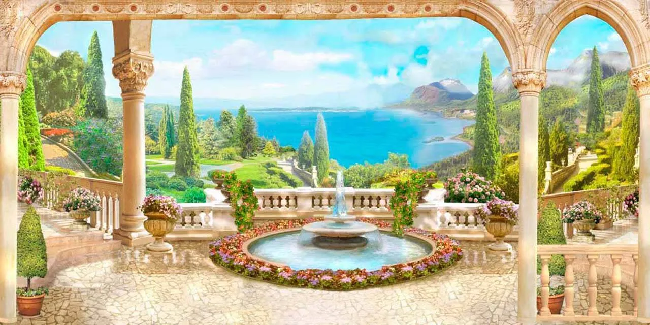 Фотообои в интерьере фонтан в парке  3-019 фото