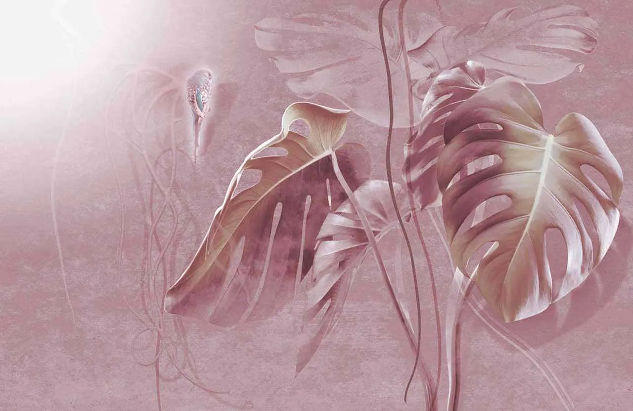 Фотообои в интерьере листья монстеры розовые  13-039 фото