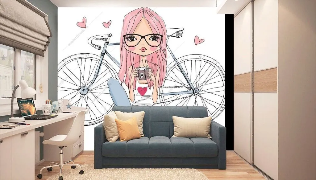 Фотообои в интерьере девочка с камерой и велосипед  12-1259 фото