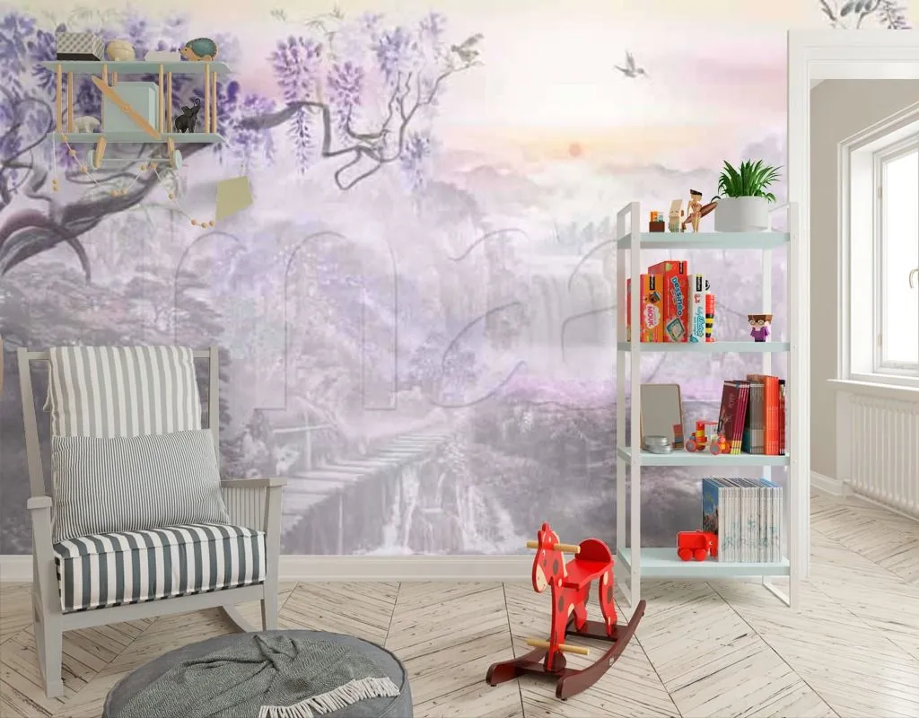 Фотообои в интерьере дерево в фиолетовом тумане  7-413 фото