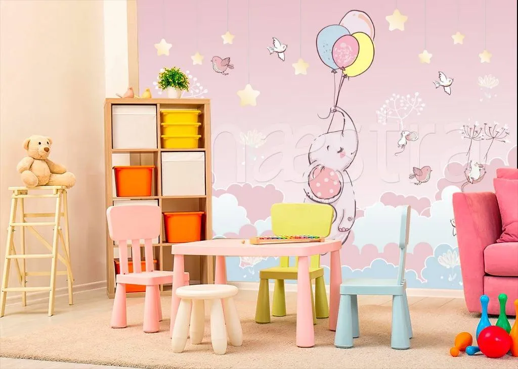 Фотообои Слон парит в облаках на розовом фоне  12-410