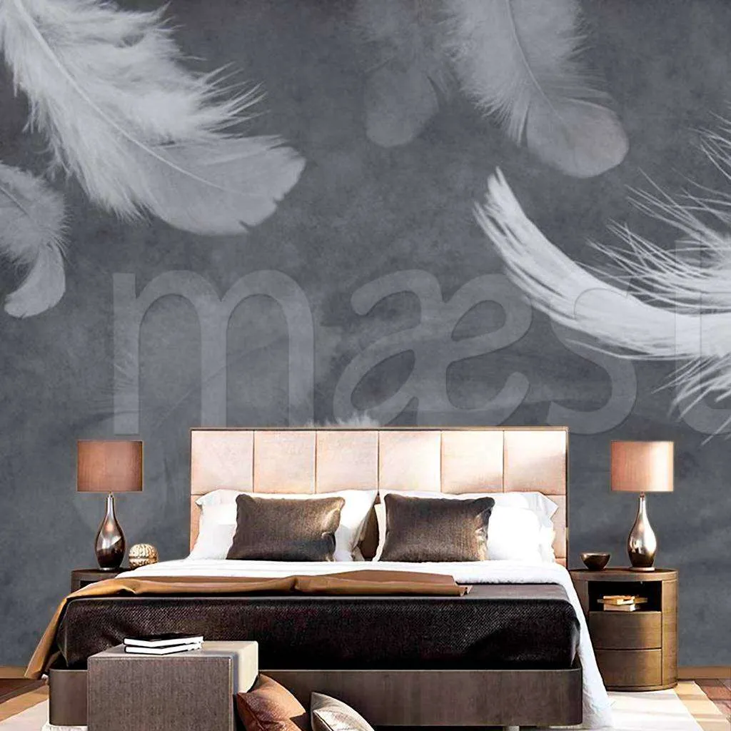 Фотообои в интерьере белые перья на сером  15-509 фото