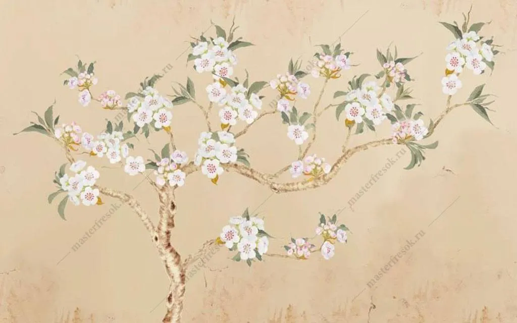 Фотообои в интерьере ветка цветущей яблони  15-916 фото