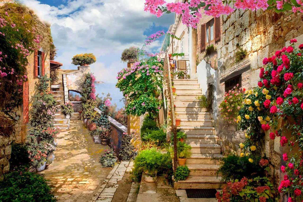 Фотообои в интерьере узкая улочка высоко в горах  7-063 фото