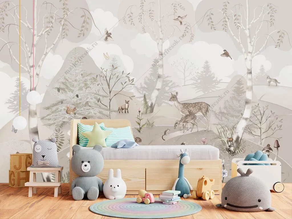 Фотообои в интерьере лесная поляна с животными  13-621 фото