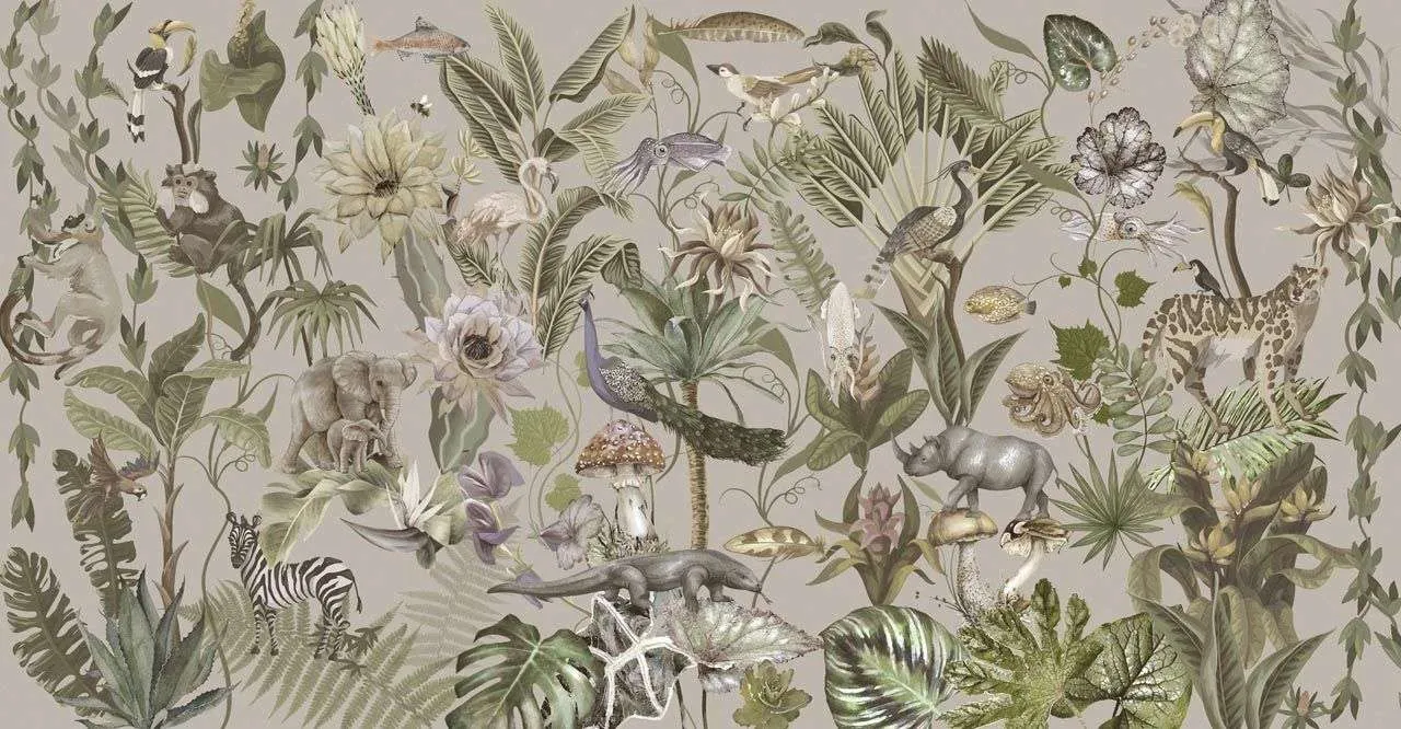 Фотообои в интерьере тропический принт на бежевом фоне  13-520 фото