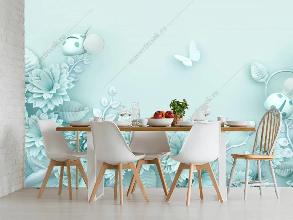 Фотообои в интерьере 3д бирюзовый фон  10-644 фото