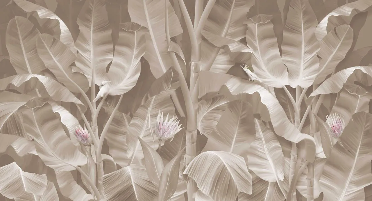 Фотообои в интерьере в гостиную тропические листья бежевый фон   13-666 фото