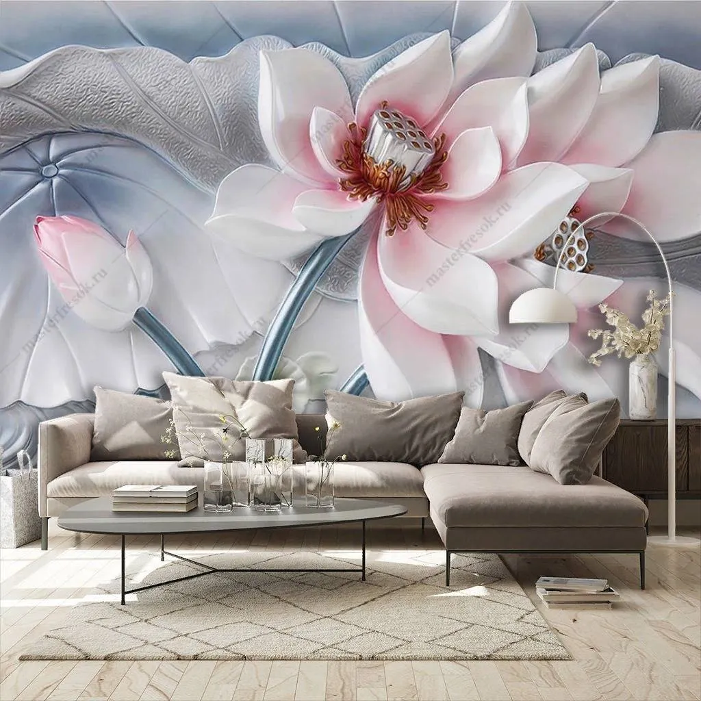 Фотообои в интерьере 3д объемный бело-розовый цветок  10-846 фото