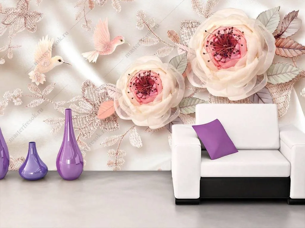 Фотообои в интерьере 3d розы и птицы  10-847 фото