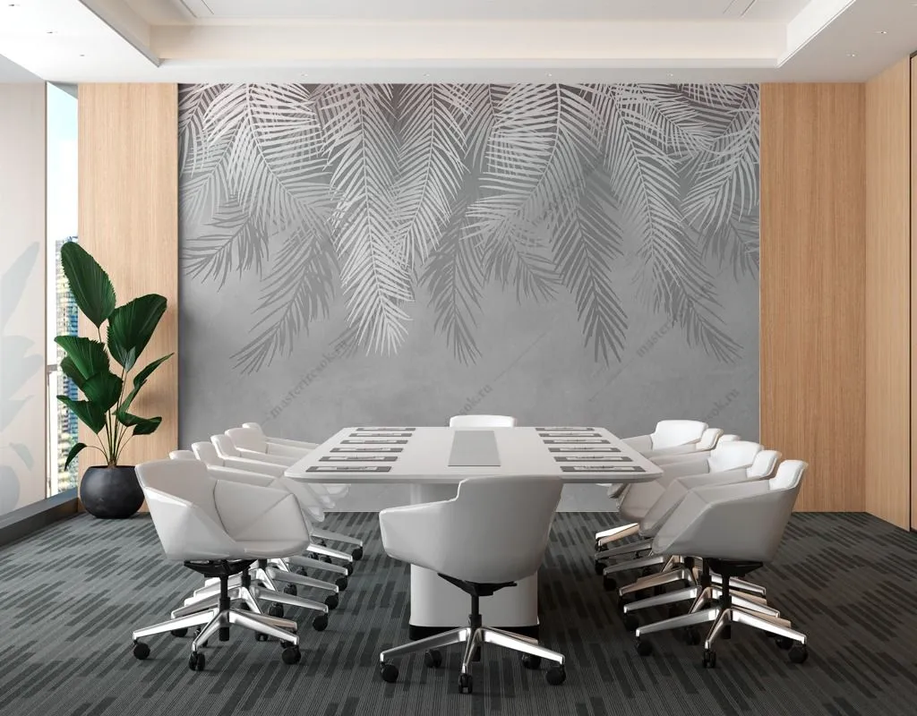 Фотообои в интерьере листья серые светлые  9-1465 фото