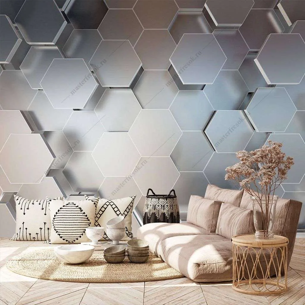Фотообои в интерьере 3д шестиугольники  10-881 фото