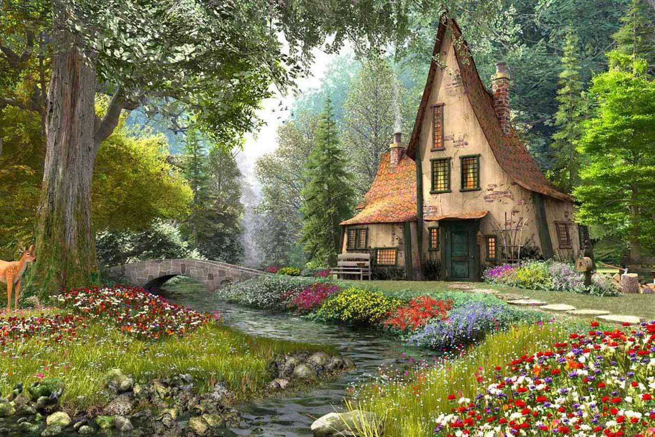 Фотообои в интерьере дом в лесу с цветами  8-135 фото