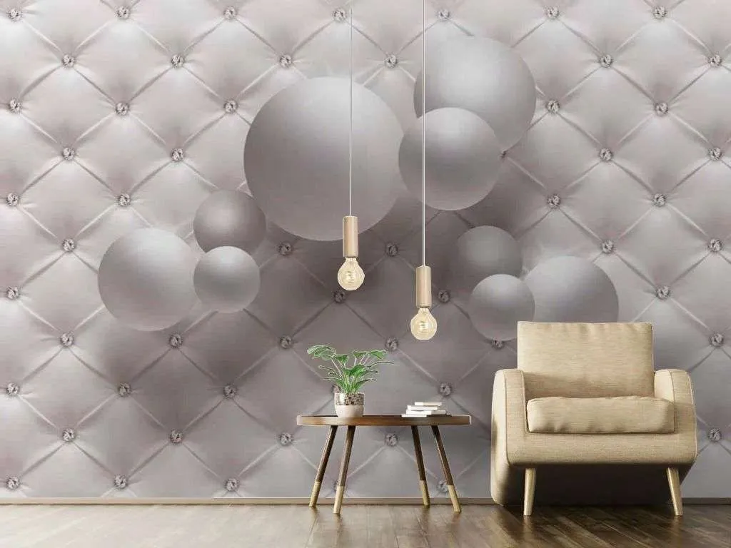 Фотообои в интерьере 3д шары на каретной стяжке  17-7174 фото