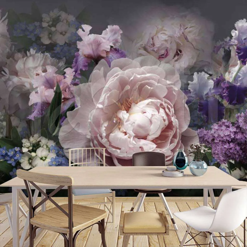 Фотообои в интерьере пионы розового цвета на темном фоне  7-862 фото