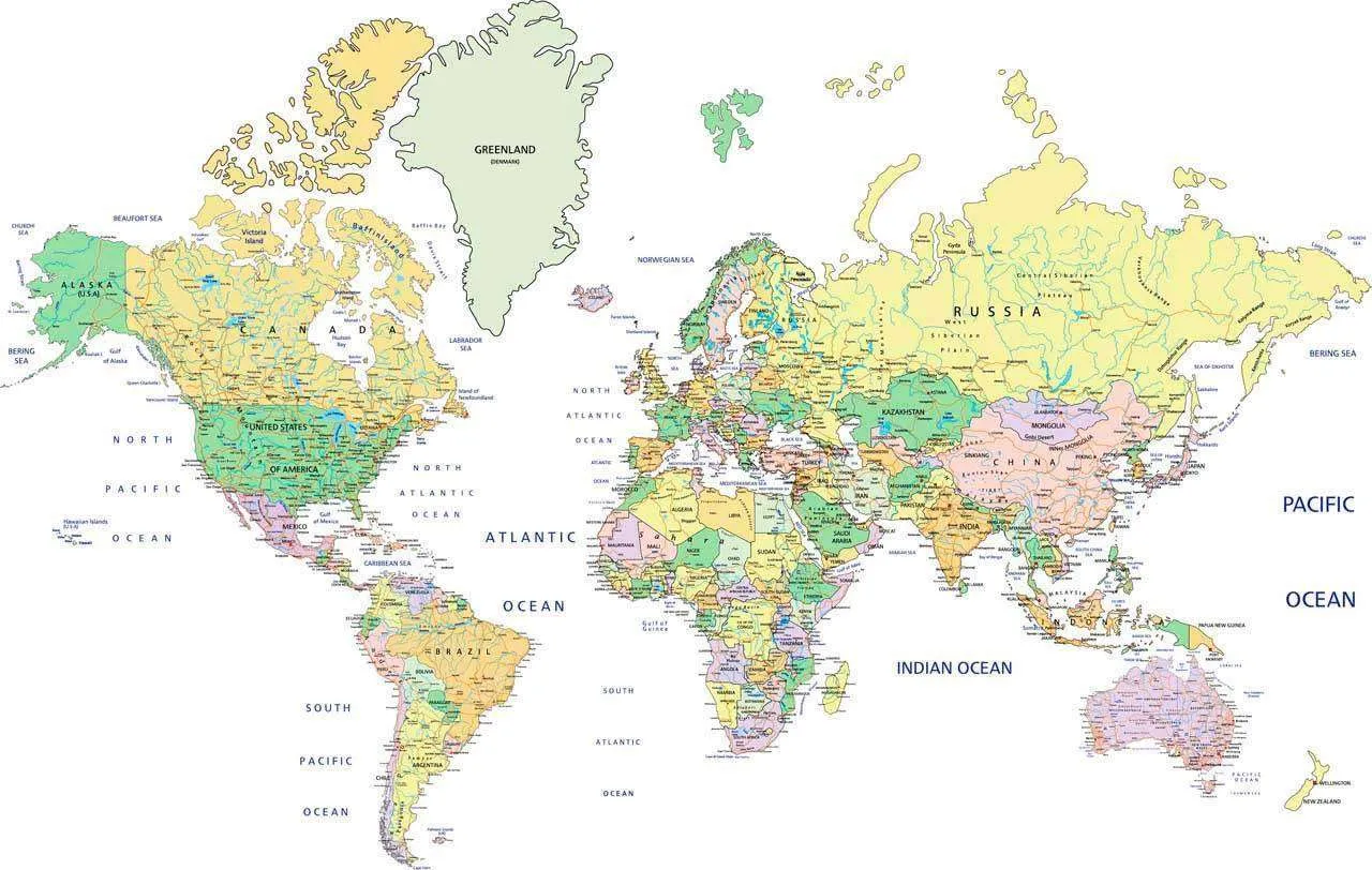 Фотообои в интерьере карта мира на русском разноцветная  12-512 фото