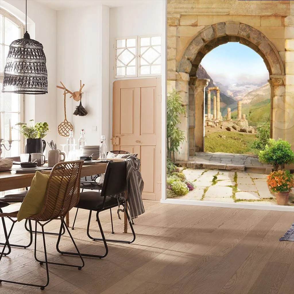 Фотообои в интерьере арка с видом на горы и развалины  11-112 фото