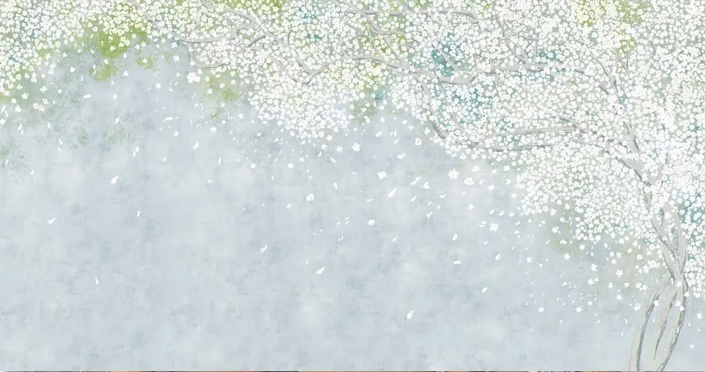 Фотообои в интерьере цветущая яблоня на сером фоне  9-1695 фото