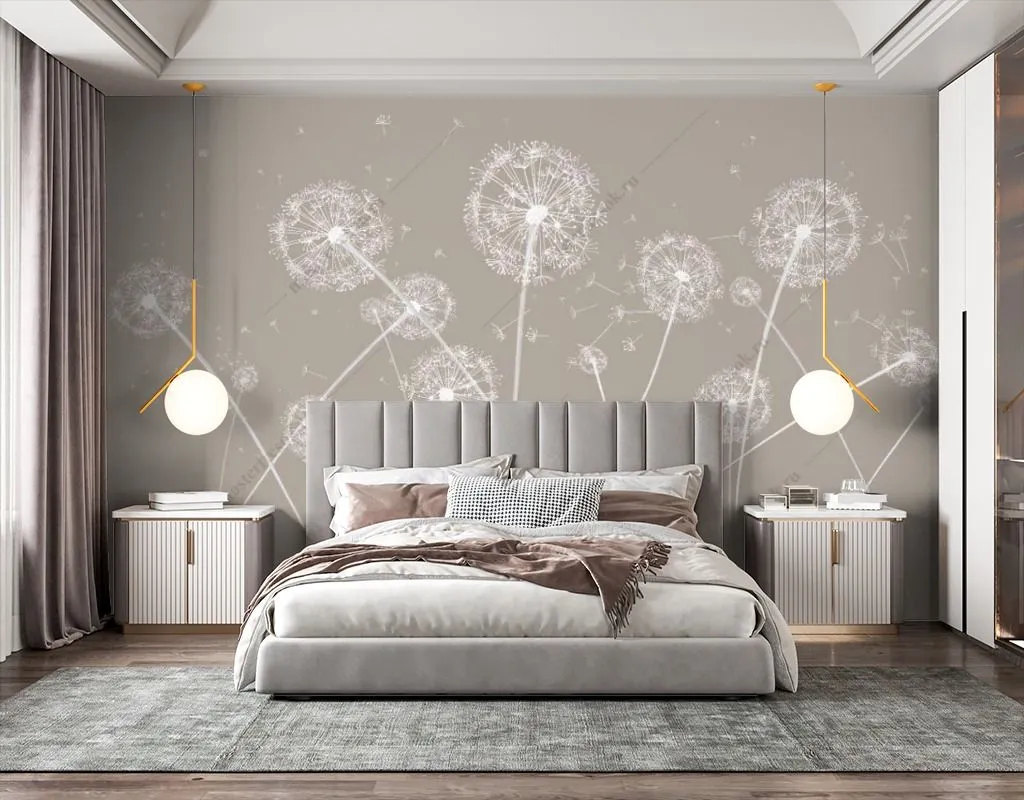 Фотообои в интерьере одуванчики на бежевом фоне  14-524 фото