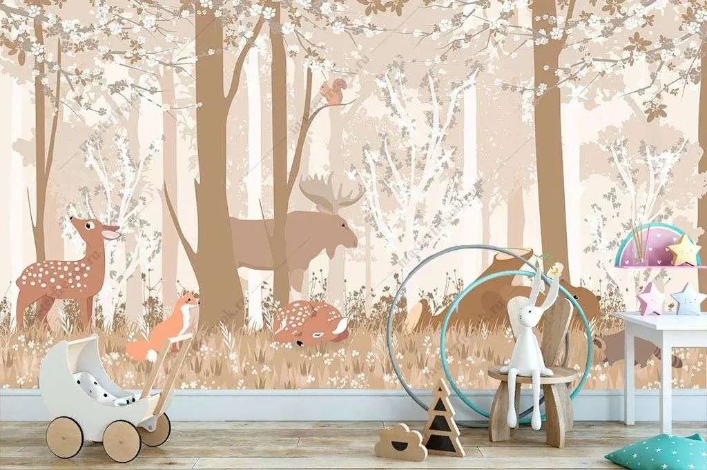 Фотообои в интерьере животные в лесу в бежевых тонах   12-1600 фото