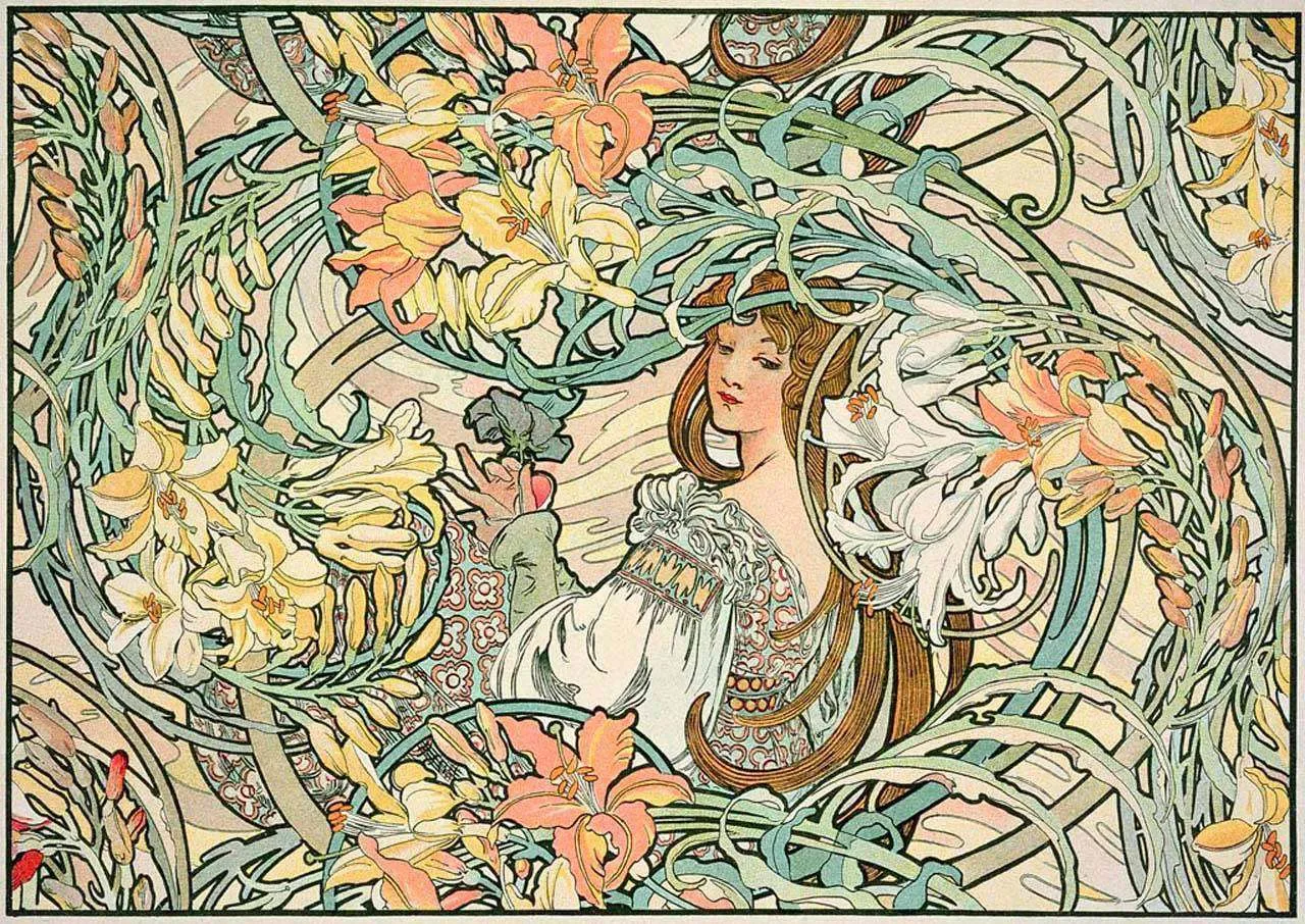 Фотообои в интерьере альфонс мариа муха - девушка в цветах  8-210 фото