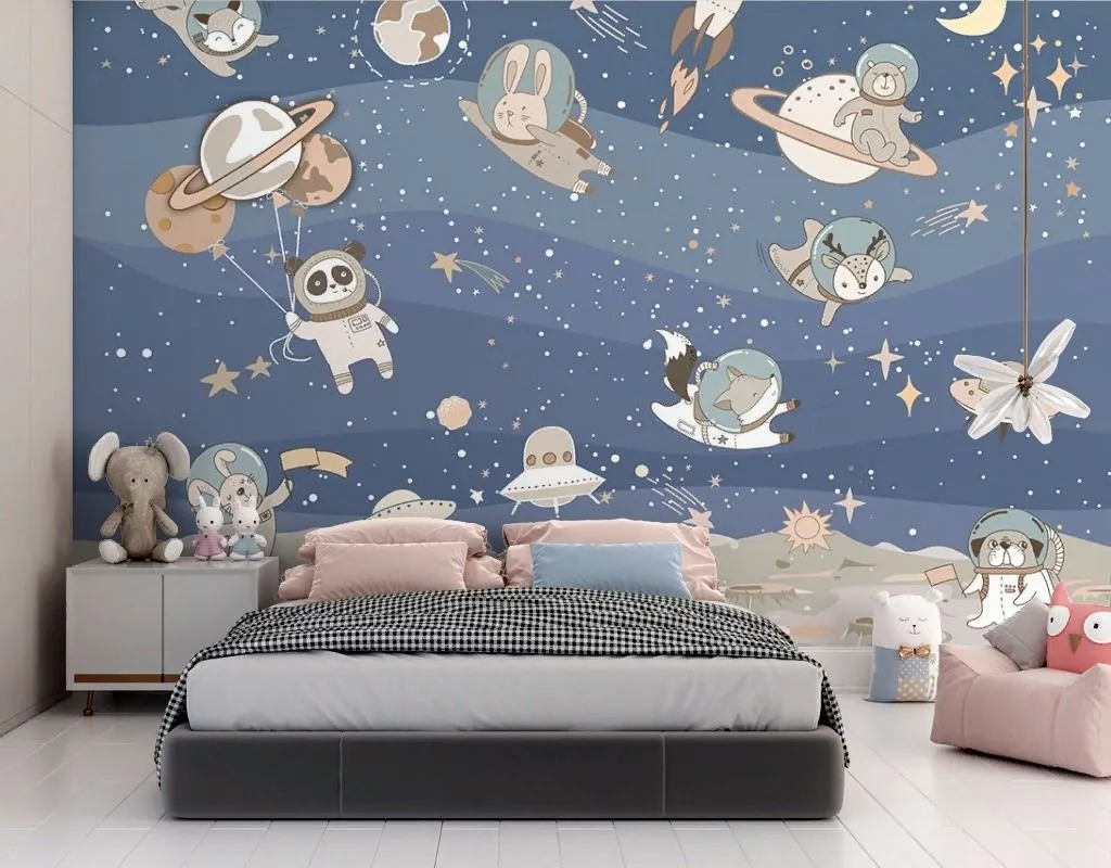 Фотообои Космос детский с веселыми животными  12-1525