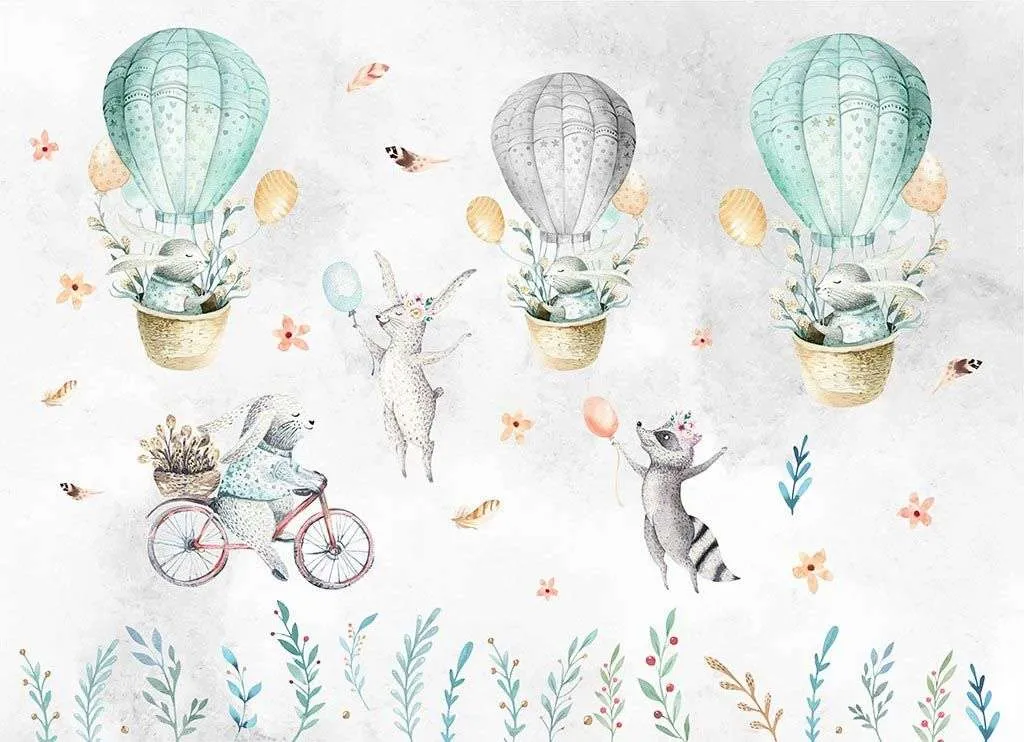 Фотообои в интерьере зайчики на воздушном шаре  14-226 фото