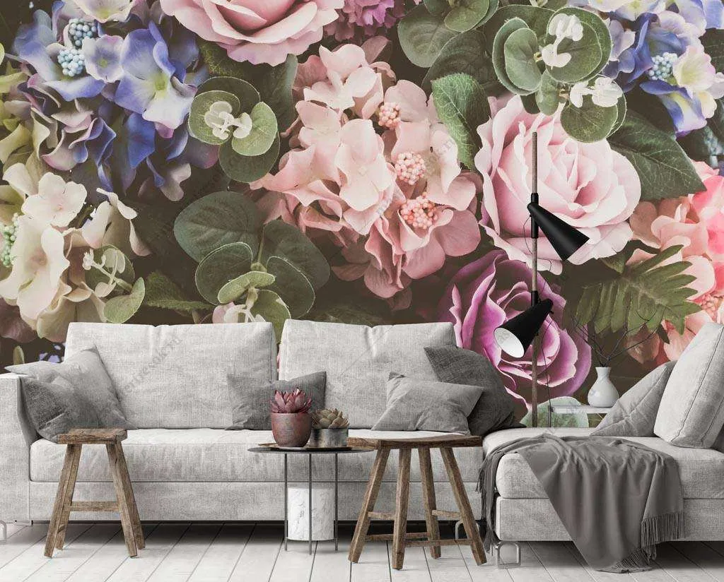 Фотообои в интерьере гортензии и розы  9-1226 фото