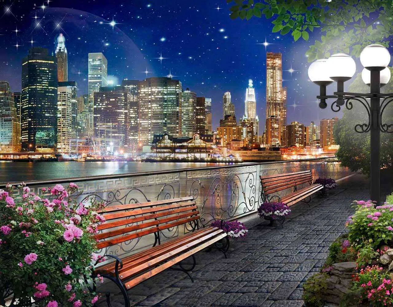 Фотообои в интерьере ночной город с набережной  7-094 фото