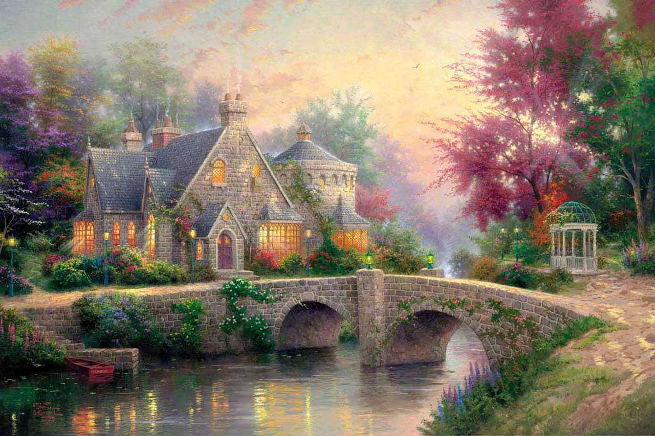 Фотообои в интерьере сказочный дом с мостом через реку  6-089 фото