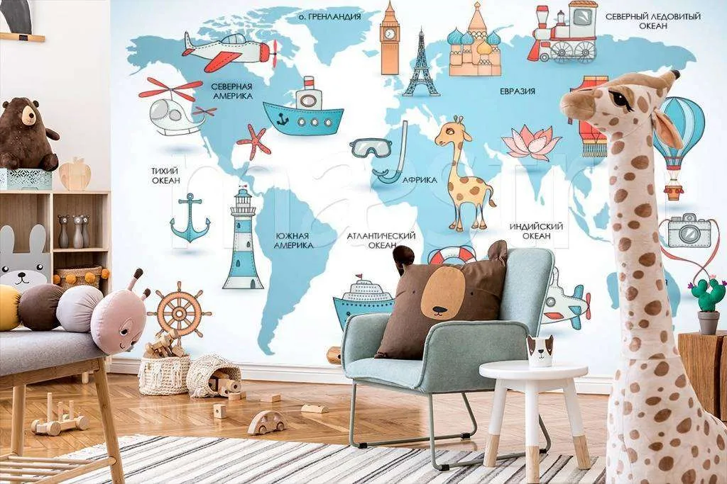 Фотообои в интерьере детская карта на голубом фоне со странами  12-391 фото