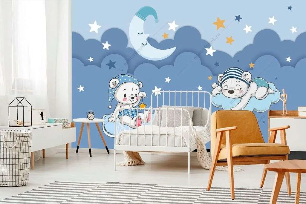 Фотообои в интерьере медвежонок спит на облачке  12-1290 фото