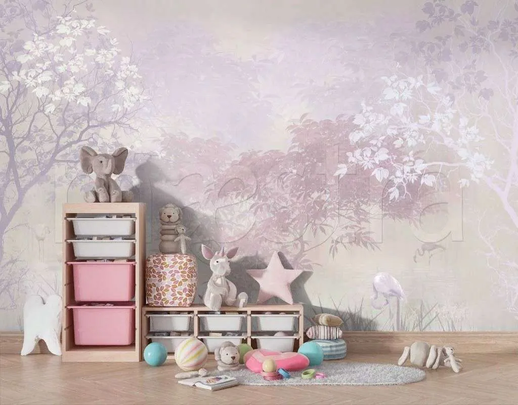 Фотообои в интерьере розовый лес и фламинго  7-677 фото