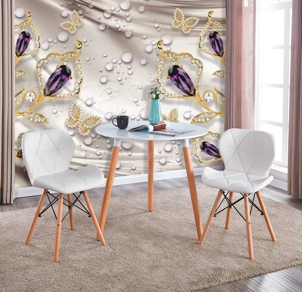 Фотообои в интерьере стереоскопические 3д капли и цветы на фоне шелка  10-459 фото