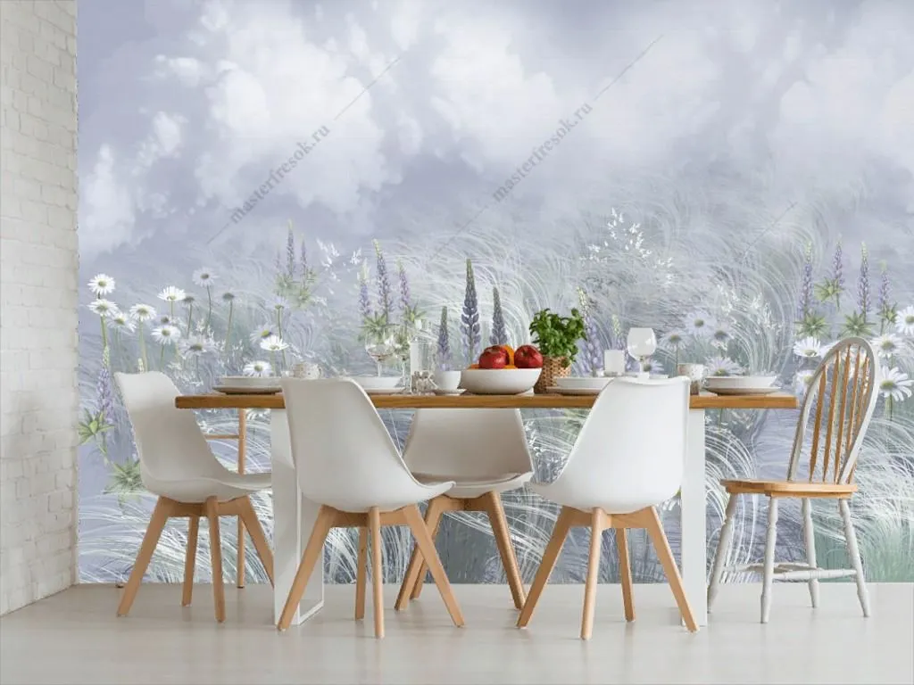 Фотообои в интерьере полевые цветы на ветру  13-647 фото