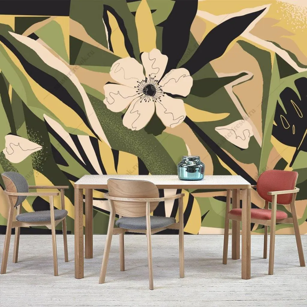 Фотообои в интерьере листья и цветы на бежевом фоне  9-1115 фото