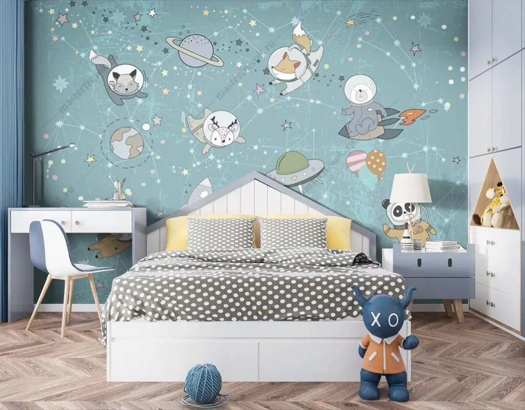 Фотообои в интерьере космос детский с животными  14-669 фото