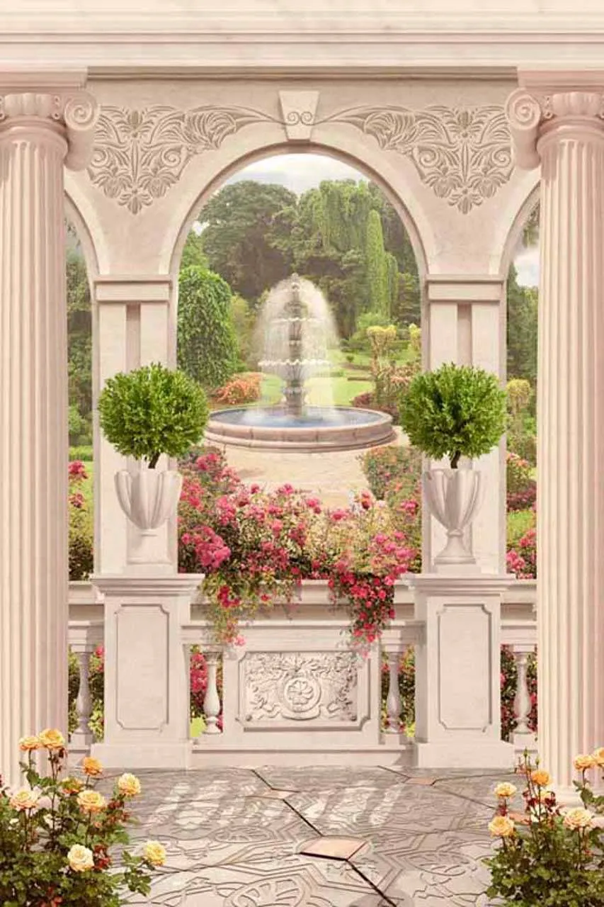 Фотообои в интерьере классическая арка с видом на фонтан  6-045 фото