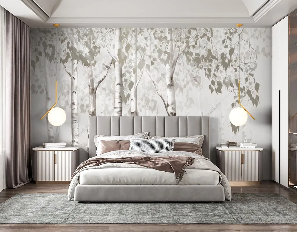 Фотообои в интерьере березовый лес серый  13-620 фото