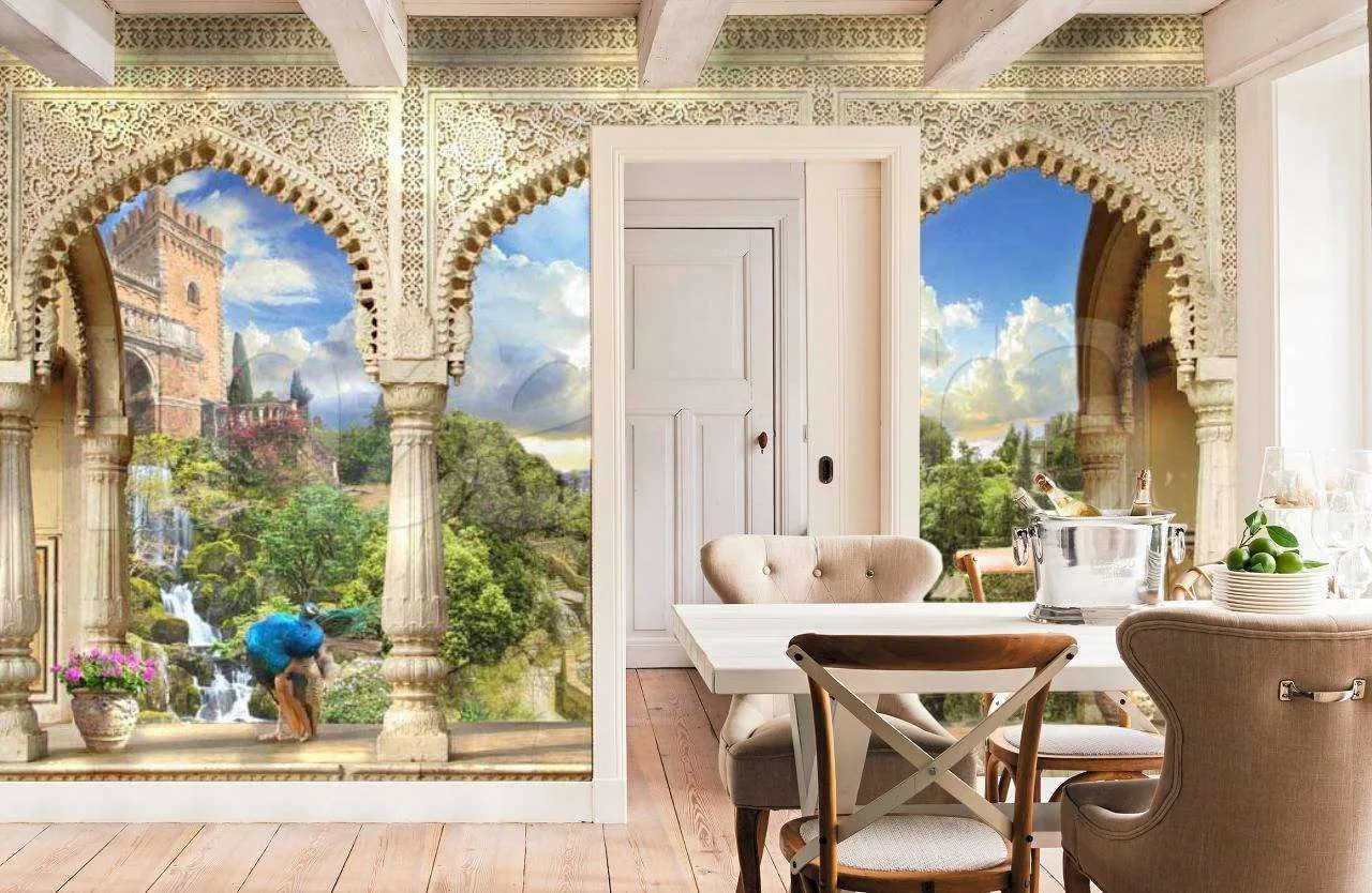 Фотообои в интерьере арки восточные с видом на сад  6-012 фото