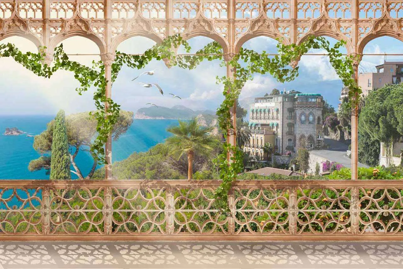 Фотообои в интерьере балкон с колоннами и цветами  7-245 фото