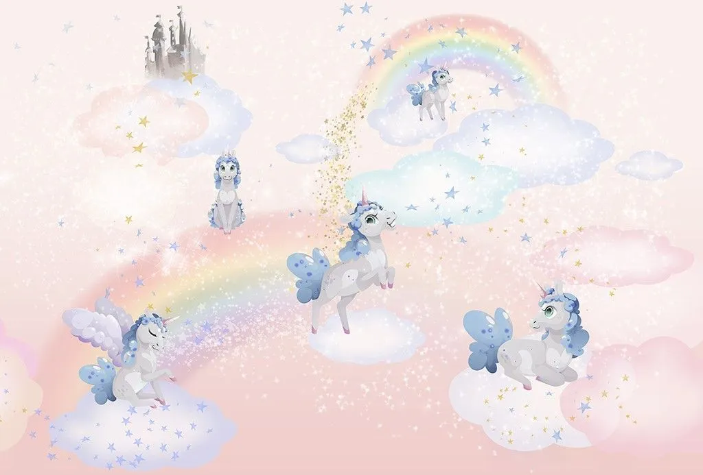 Фотообои в интерьере в детскую единороги на облаках   12-1583 фото