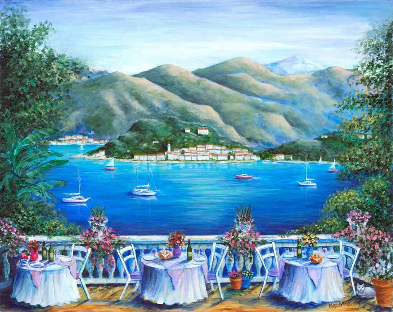 Фотообои в интерьере кафе у моря и гор  8-047 фото