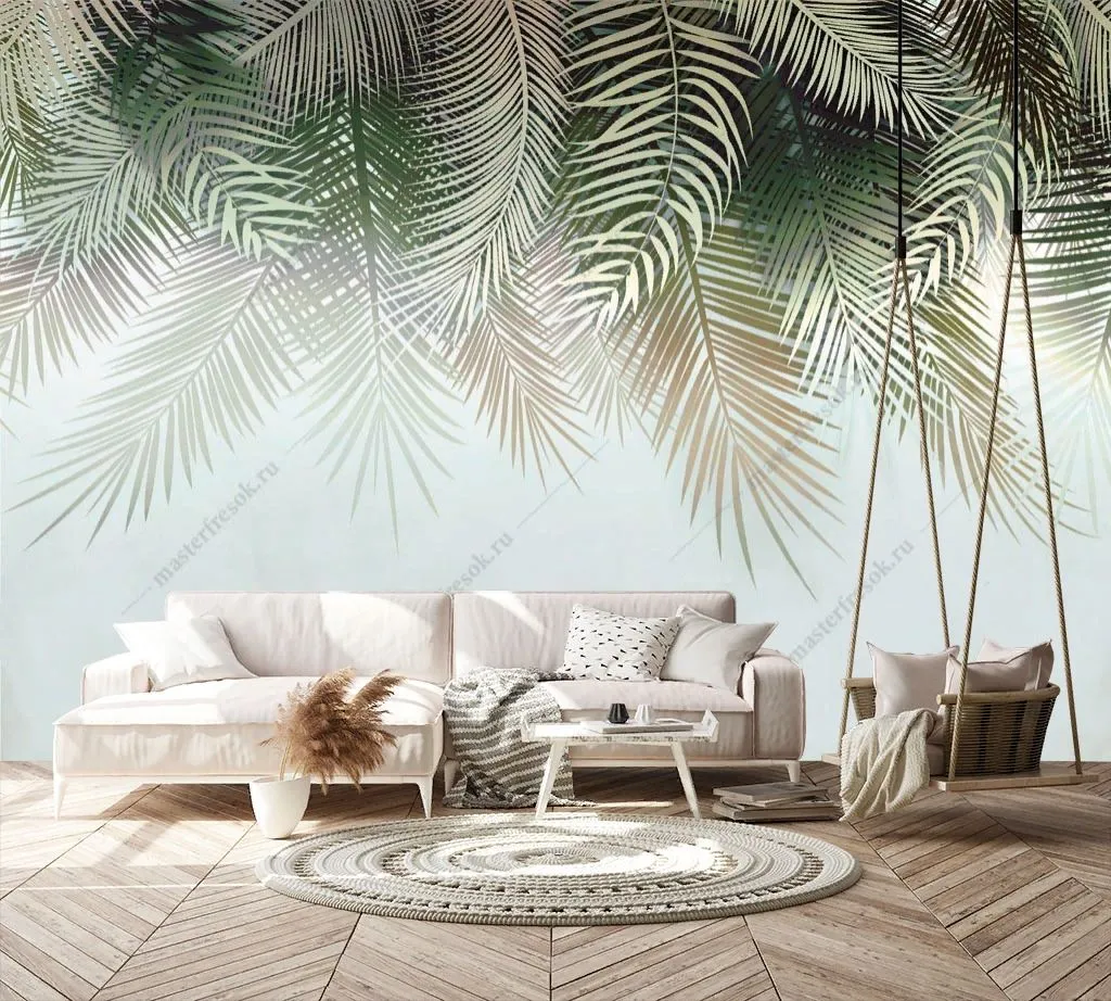 Фотообои в интерьере зеленые перья  14-503 фото