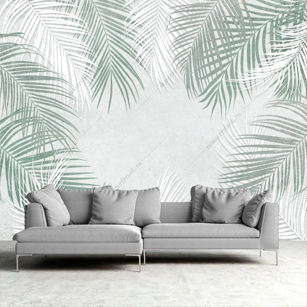 Фотообои в интерьере бело-серые листья  10-736 фото