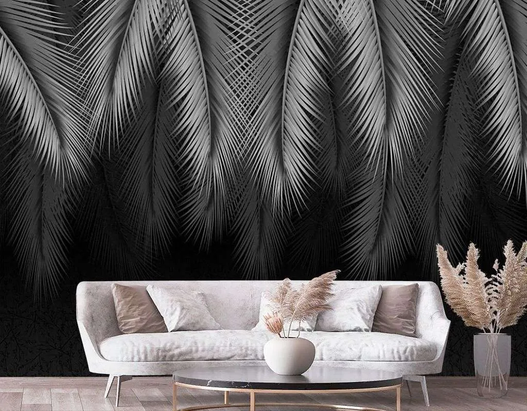 Фотообои в интерьере листья свисающие на черном фоне  9-1749 фото