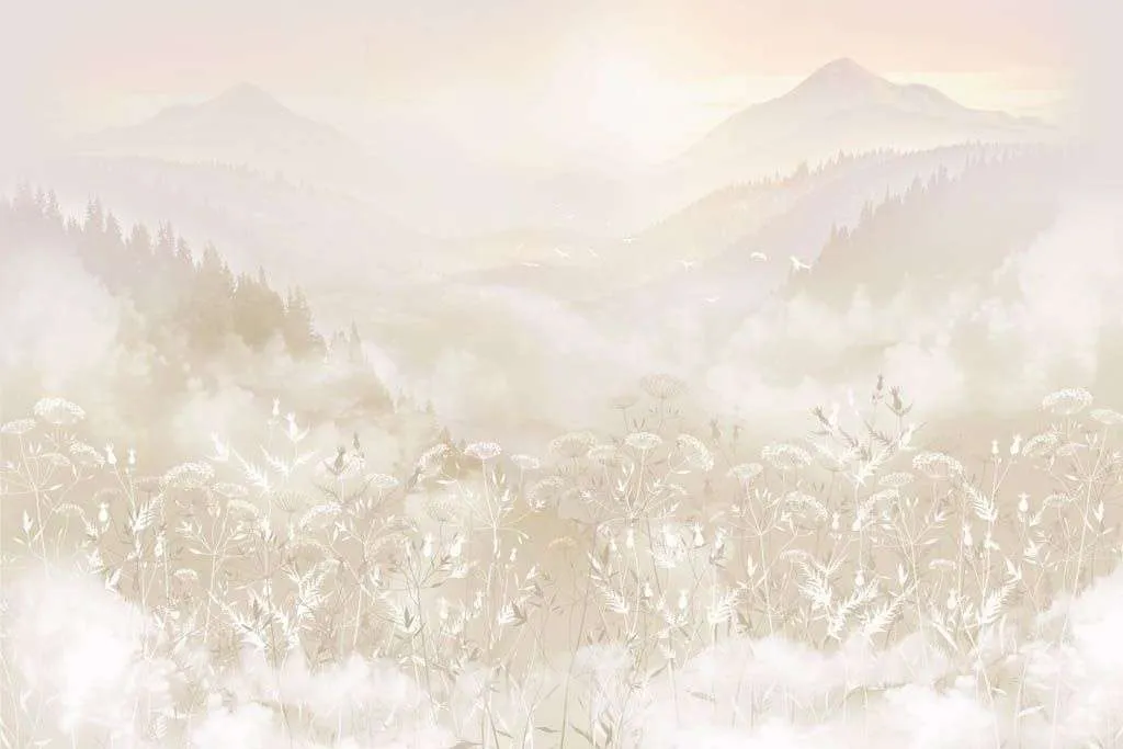 Фотообои в интерьере полевые цветы в тумане  13-601 фото