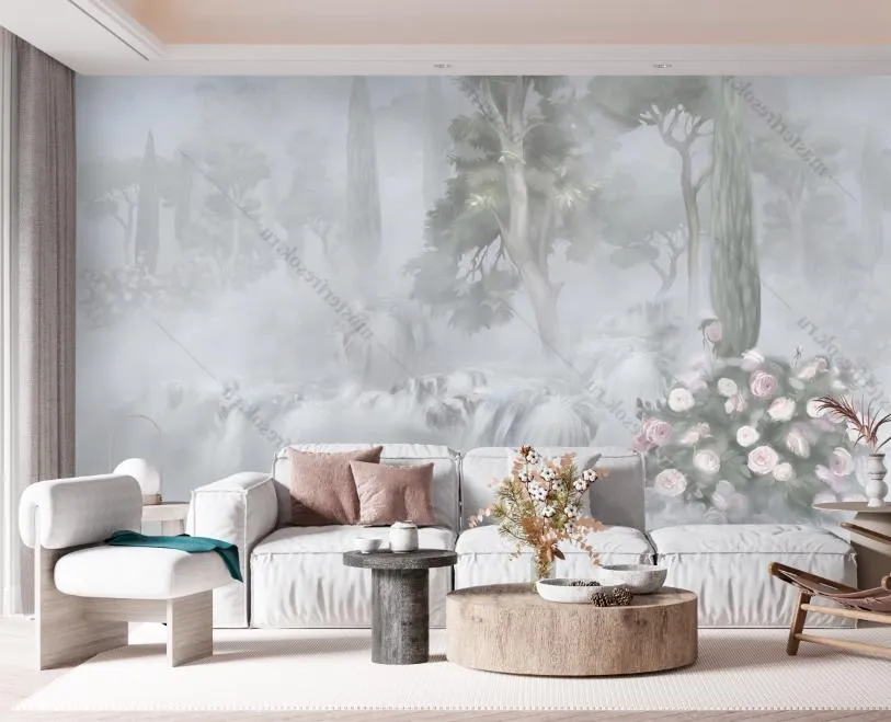 Фотообои в интерьере пейзаж туманный лес  13-386 фото