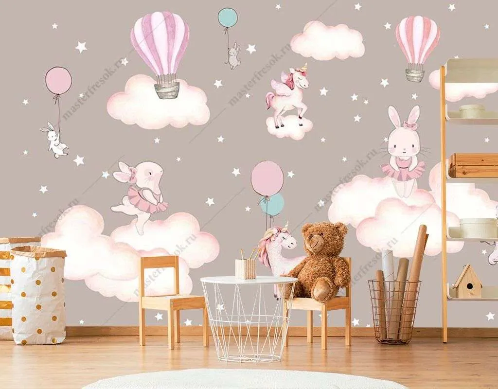 Фотообои в интерьере зайчики на облаках  12-1492 фото