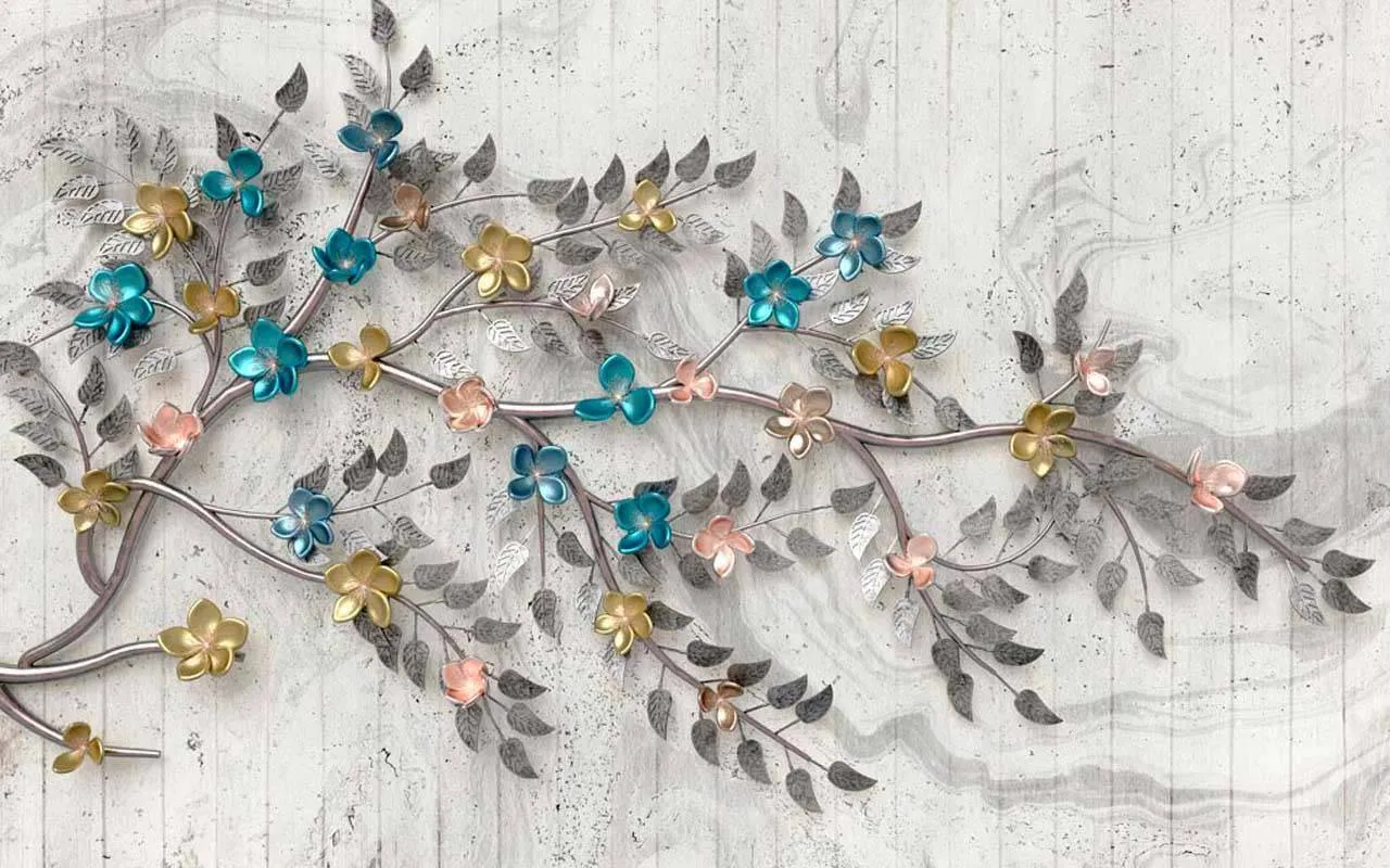 Фотообои в интерьере ветка дерева на сером фоне  10-521 фото